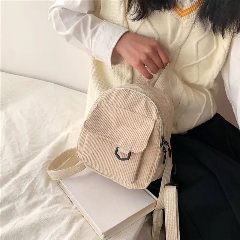 mini sac à dos tendance pour femme en velours côtelé couleur unie sac à dos simple et décontracté pour étudiants, sac à dos de voyage, nouveauté 2023