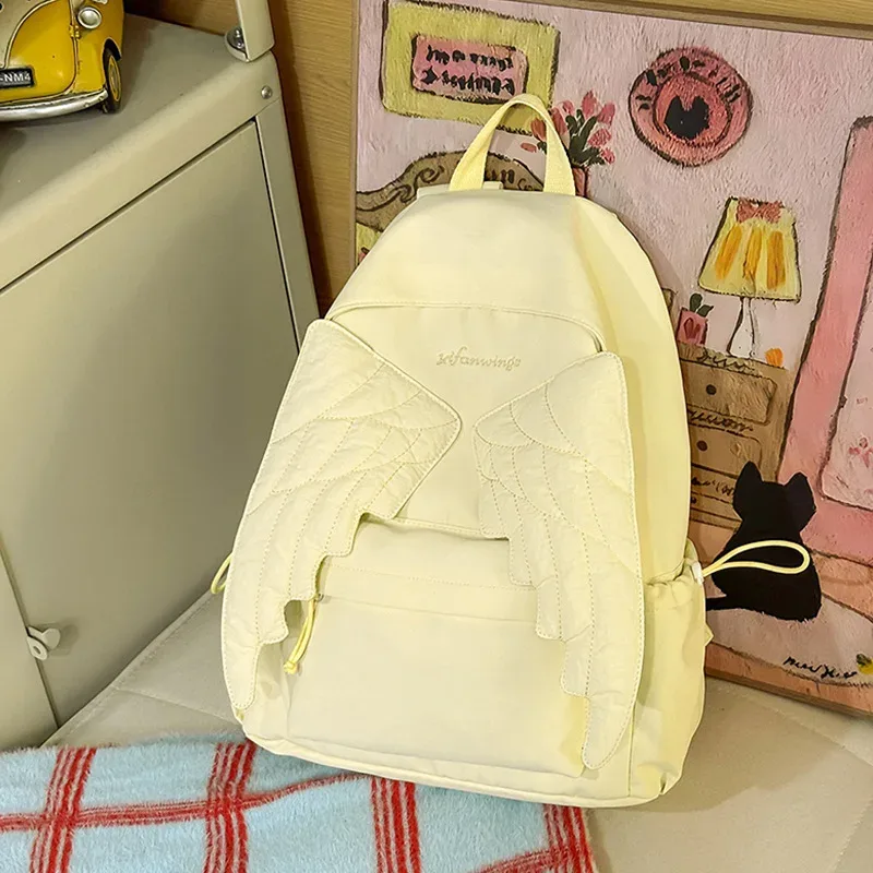 sac à dos aile d'ange y2k en toile, grande capacité, sac d'école, sac de voyage kawaii, léger, couleur unie. ﻿