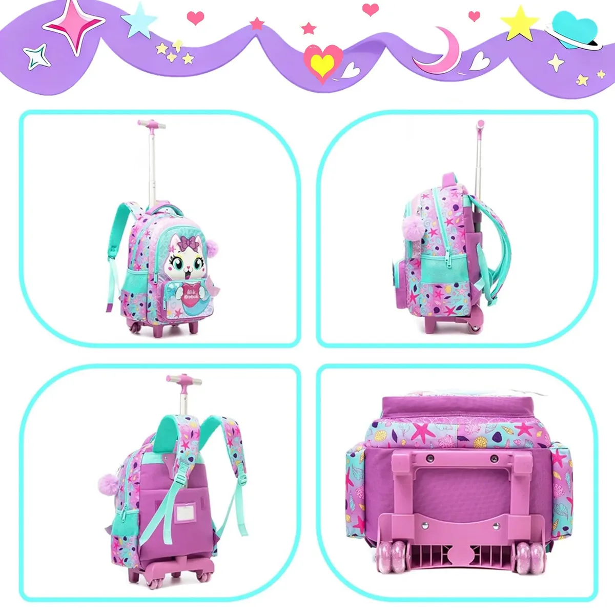 sac à dos roulant pour filles, valise de voyage pour enfants avec roulettes, bagage à main avec animaux mignons pour élèves du primaire, sac à roulettes pour enfants