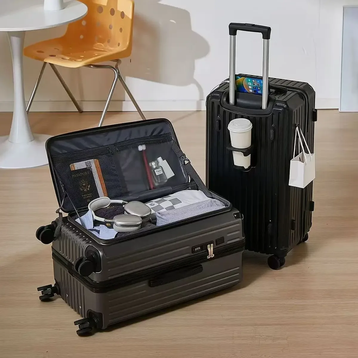 valise à ouverture latérale avec porte-gobelet usb, valise épaisse et durable, grande capacité, valises de voyage 36 pouces, 20/26/30/32 pouces