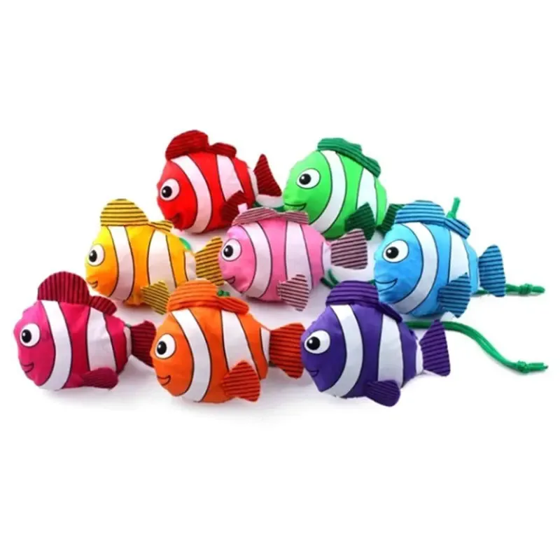 sac fourre-tout pliable de grande capacité, sac de rangement pliable, sac à main portable, sac à provisions réutilisable, dessin animé mignon, poisson clown, nylon