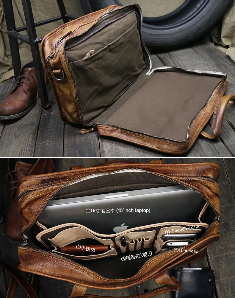 sacoche de luxe vintage en cuir véritable pour homme, grande mallette d'affaires en cuir, sac pour ordinateur portable 15,6 pouces, porte-documents, sac à main.
