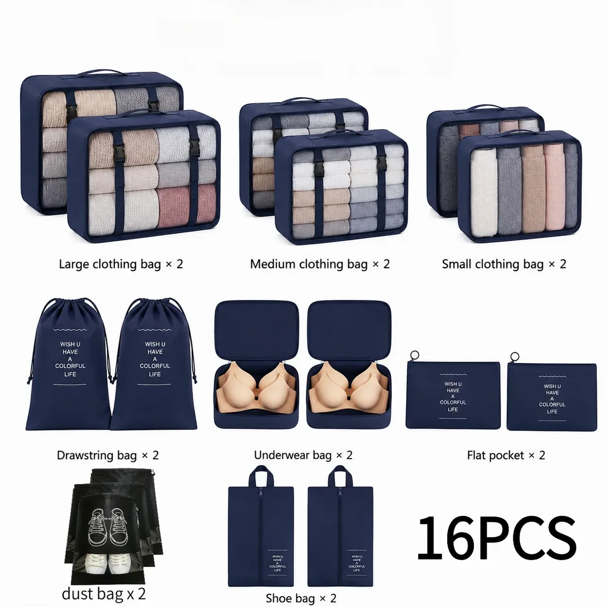 ensemble de 16 sacs de rangement de voyage, sac de voyage léger, utilisé pour la classification des bagages et des vêtements, sac de protection pour vêtements