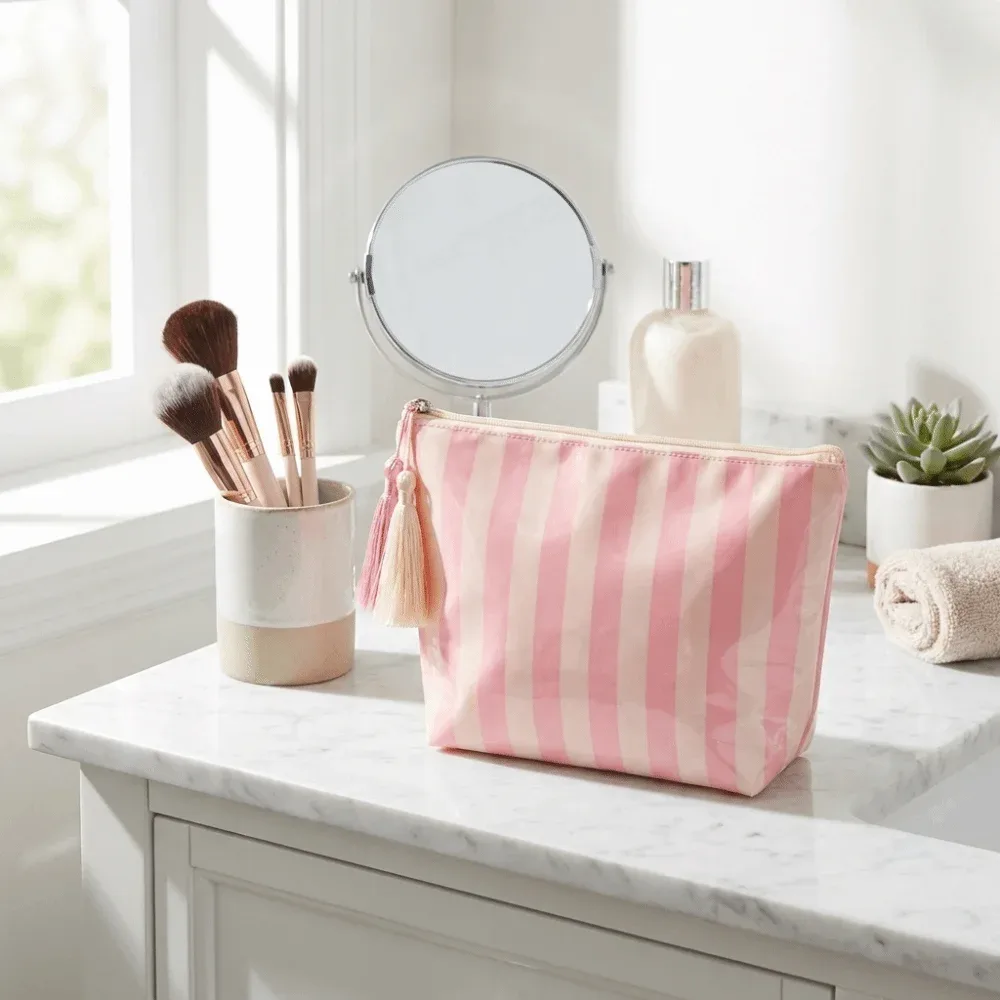 trousse de toilette de voyage portable à franges grande capacité design mignon sac cosmétique rayé en pvc fermeture éclair brillante pochette à pinceaux de maquillage