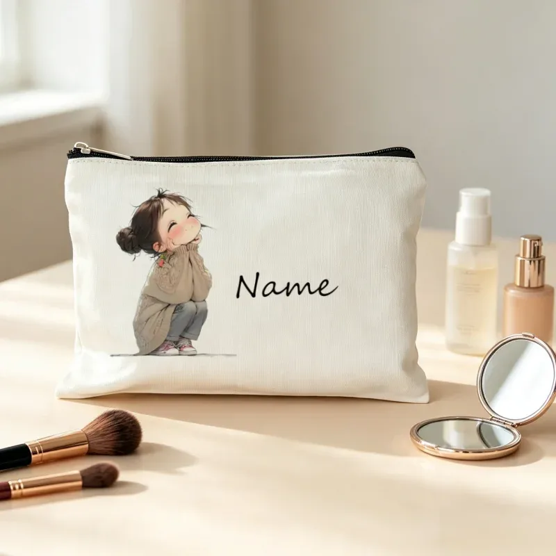 pochette de maquillage personnalisée avec imprimé de fille de dessin animé mignon, sac cosmétique de voyage, étui à fermeture éclair pour le rangement des rouges à lèvres, étui à crayons, sac à maquillage, cadeau pour femmes