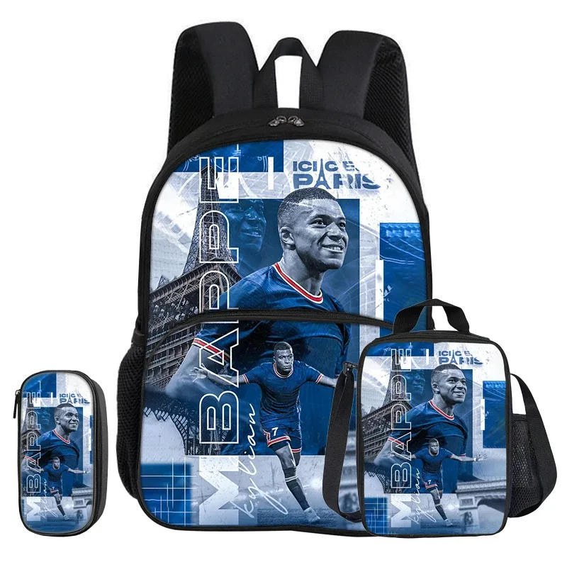 ensemble de 3 pièces m-mbappe avec sac à dos à poche avant, sac isotherme pour le déjeuner, trousse à crayons de star de football, cadeau pour enfants