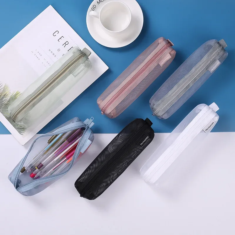 sac à cosmétiques en maille de nylon transparent simple, sac de papeterie pour étudiants, trousse à crayons, sac de rangement portable de grande capacité, pochette de maquillage