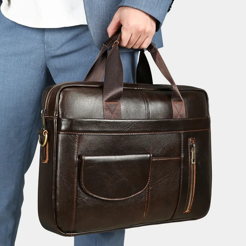 Porte-documents en cuir véritable pour hommes, best-seller, grande capacité, sacoche pour ordinateur portable de 14 pouces, sac en cuir de vachette de qualité supérieure