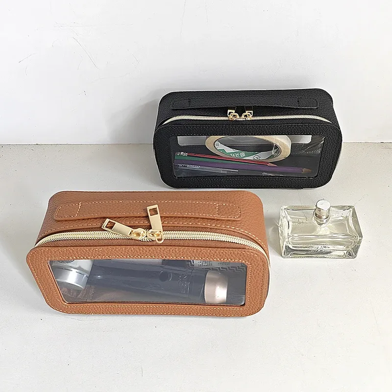 sac de toilette en cuir pu personnalisé avec lettres, transparent, pour femme, avec fermeture éclair, imperméable, grande capacité, sac de rangement de luxe
