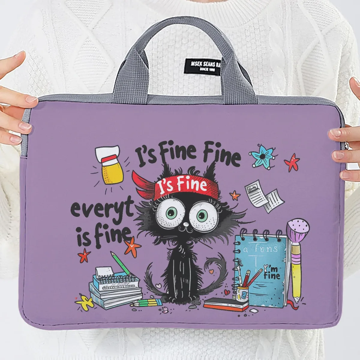 ensemble unique, deux styles, sacoche pour ordinateur portable et porte-documents à motif de chat noir, adapté aux ordinateurs portables de 14 pouces.