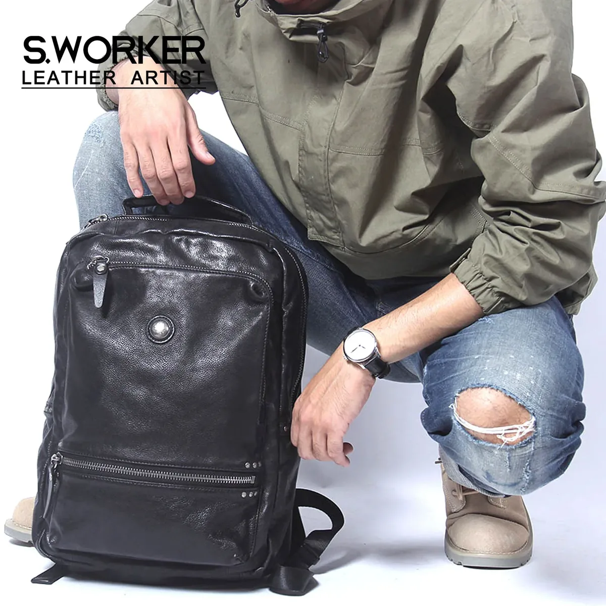 S.WORKER Sac à dos décontracté en cuir de vache véritable pour hommes, sac à dos pour ordinateur portable, sacs de voyage de grande capacité, sacs d'école
