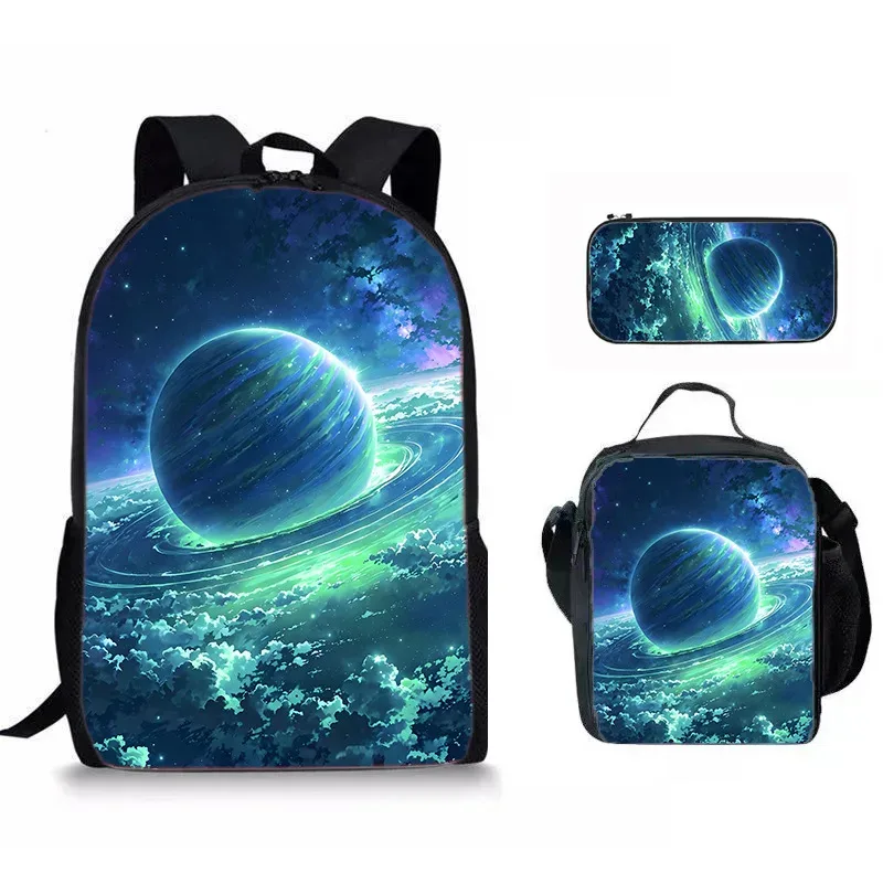 sacs de voyage pour étudiants, sac à dos pour ordinateur portable, sac à déjeuner, trousse à crayons, imprimé 3d hip hop youthful novelty space planet, 3 pièces/ensemble