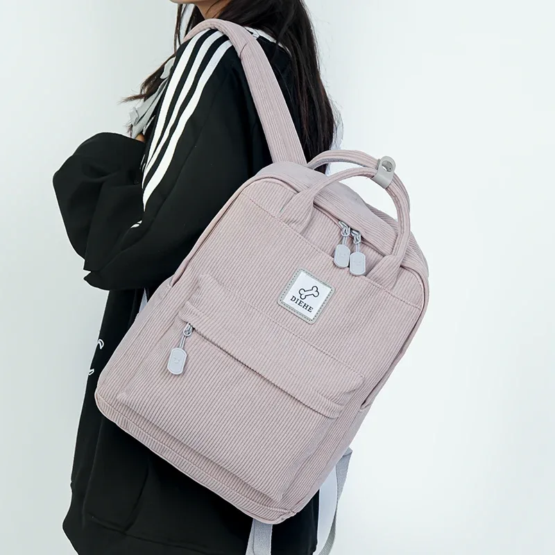 sac à dos en velours côtelé à rayures pour femme, cartable pour adolescentes, garçons, petit, harajuku, pour étudiante