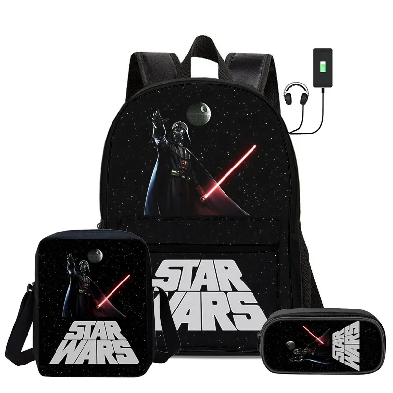 ensemble de 3 pièces star wars movie, sac à dos d'école pour enfant avec interface usb, sac à bandoulière, sac à crayons, sac à dos