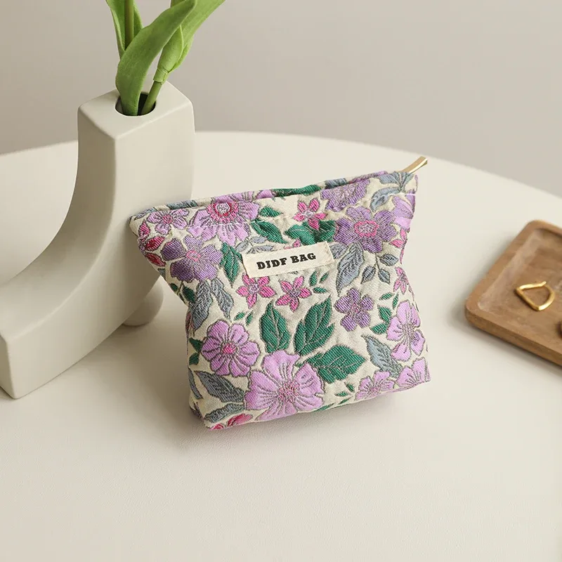 sac à cosmétiques pour femmes, petit sac de rangement vintage à fleurs violettes pour cosmétiques, rouge à lèvres, porte-monnaie portable, porte-carte de banlieue ins