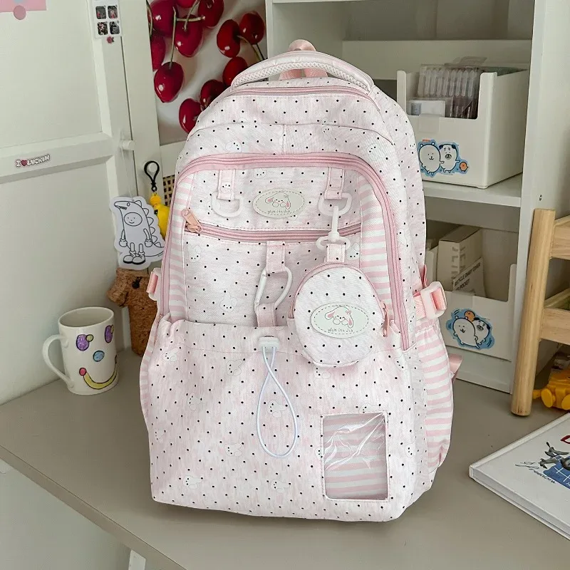 sac à dos rose à pois blancs pour adolescentes, léger et respirant, sac d'étudiant multi-poches, sac de transport imprimé dessin animé
