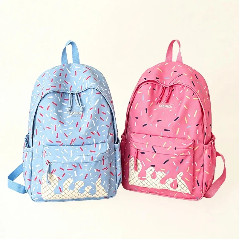 Sac à dos coréen mignon pour étudiant, sac d'école, imprimé crème glacée, style preppy, sac à dos vintage pour ordinateur portable, grande capacité