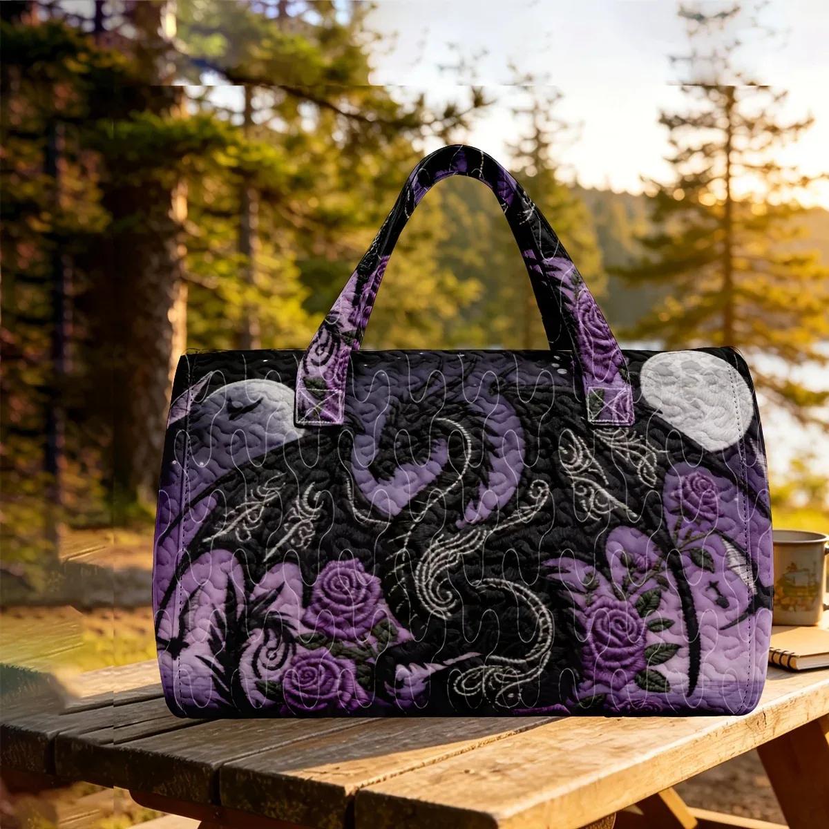 sac de voyage matelassé de grande capacité, motif dragon gothique romantique violet, pour les vacances