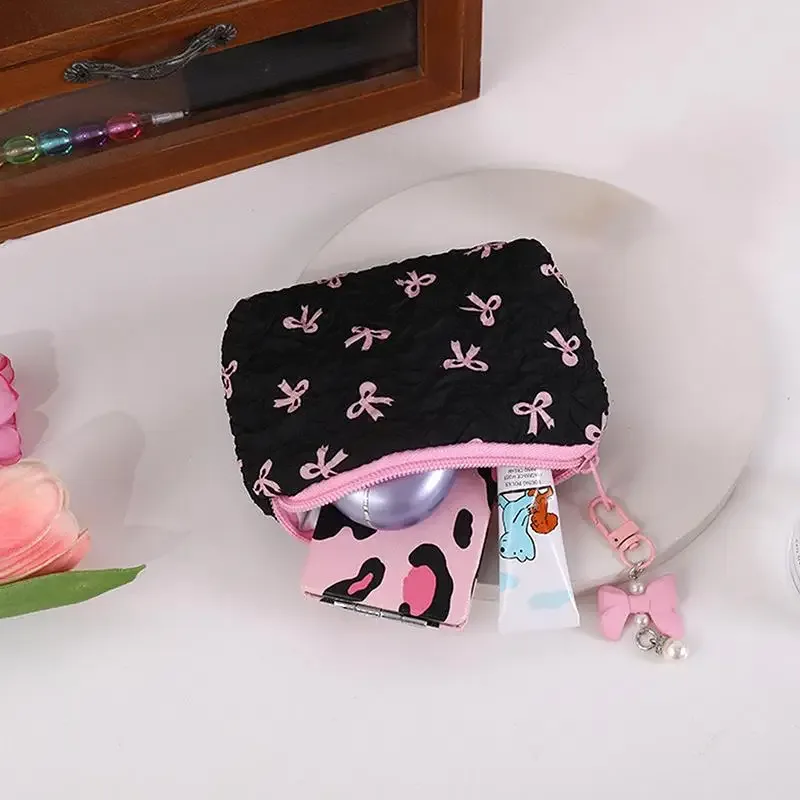 trousse de maquillage en tissu avec nœud mignon, pochette cosmétique pour femme, organiseur de voyage portable pour rouge à lèvres et écouteurs, petite pochette de rangement