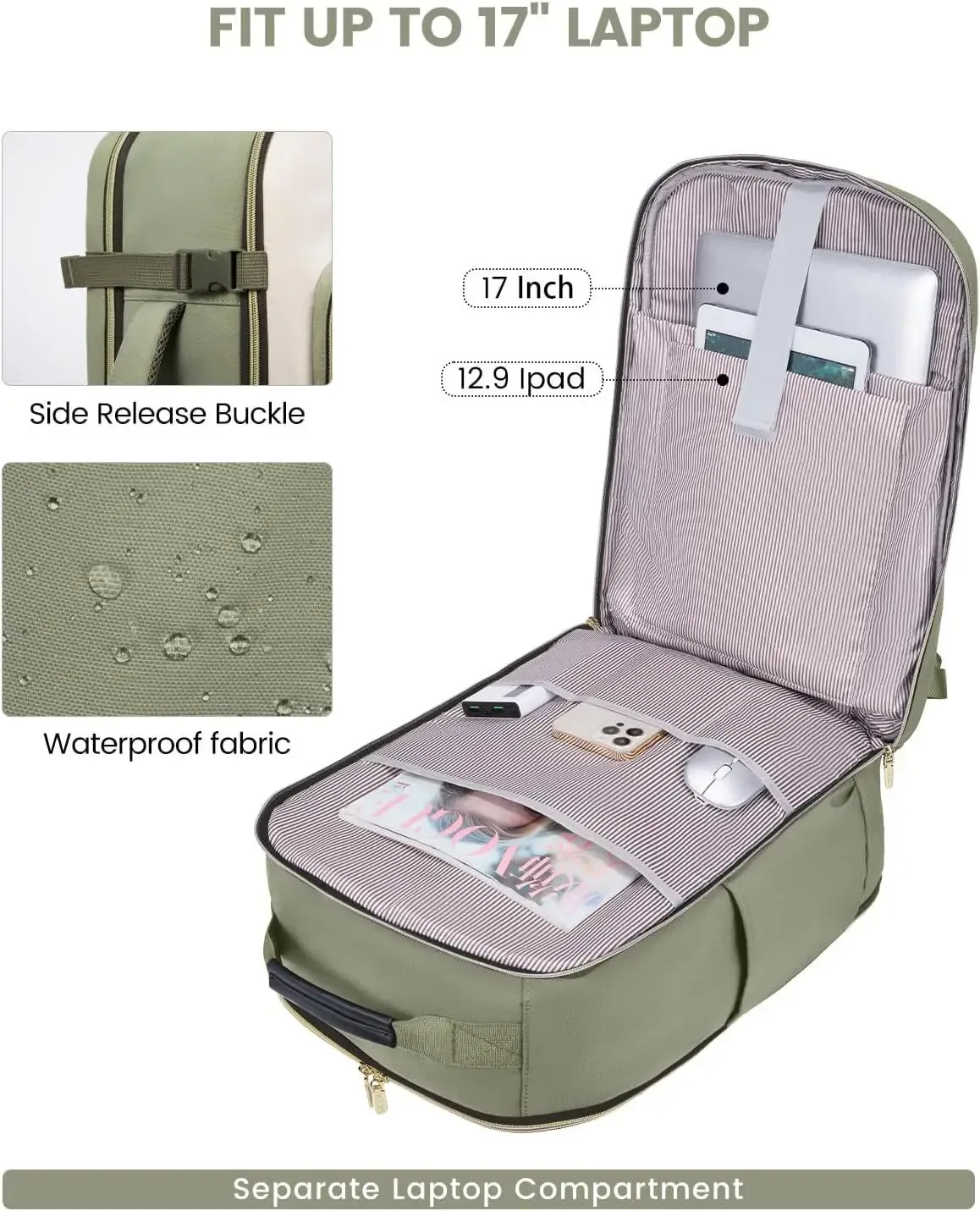lot de 4 sacs à dos de voyage 40l pour femmes, grand sac à dos cabine pour avions, sac de voyage pour effets personnels, sac de voyage étanche, essentiel de voyage