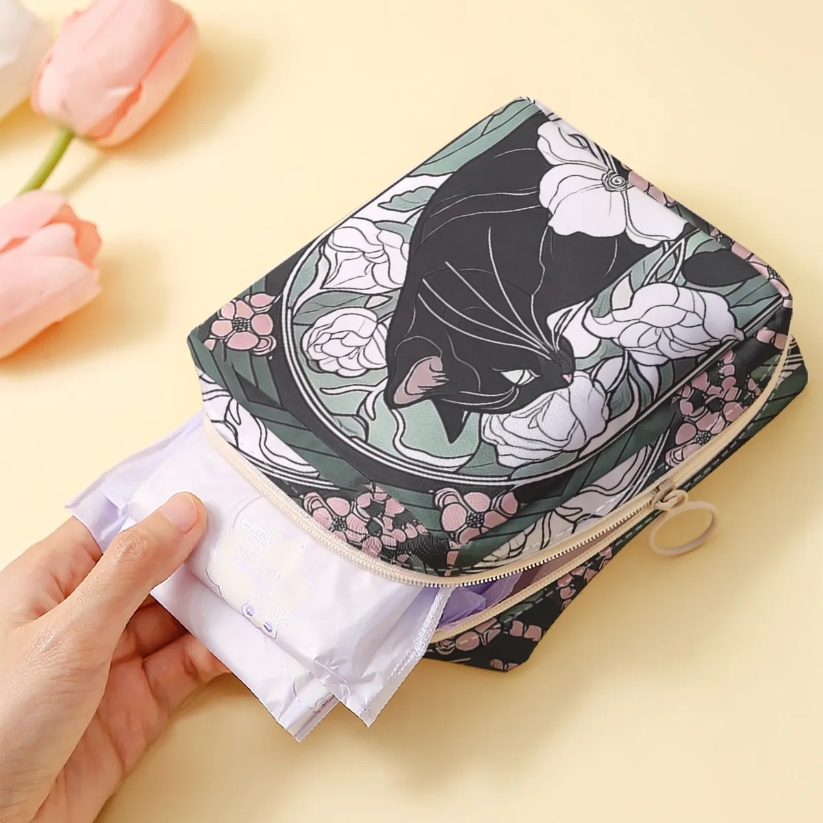 1 sac de rangement pour serviettes hygiéniques imprimé motif chat, sac léger pour mouchoirs pour femmes, sac pour mouchoirs hygiéniques