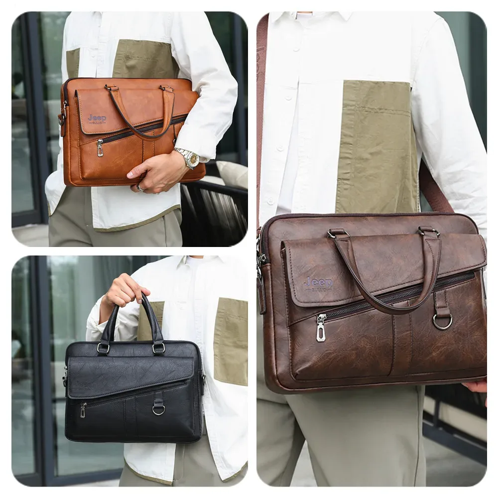 jeep buluo hommes porte-documents en cuir fendu ordinateur portable nouveau sac 14 "pc médecin avocat ordinateur sac fourre-tout mâle vintage affaires hommes sacs
