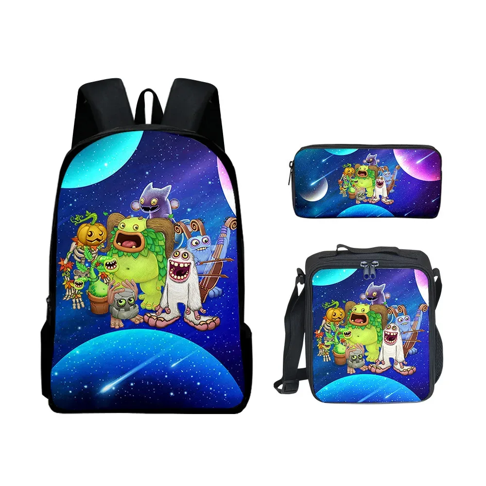 sacs à dos pour enfants, ensemble de sacs à dos, sac à déjeuner pour enfants, sac à crayons, ensemble de 3 pièces, nouveau sac de concert 3d my singing monsters