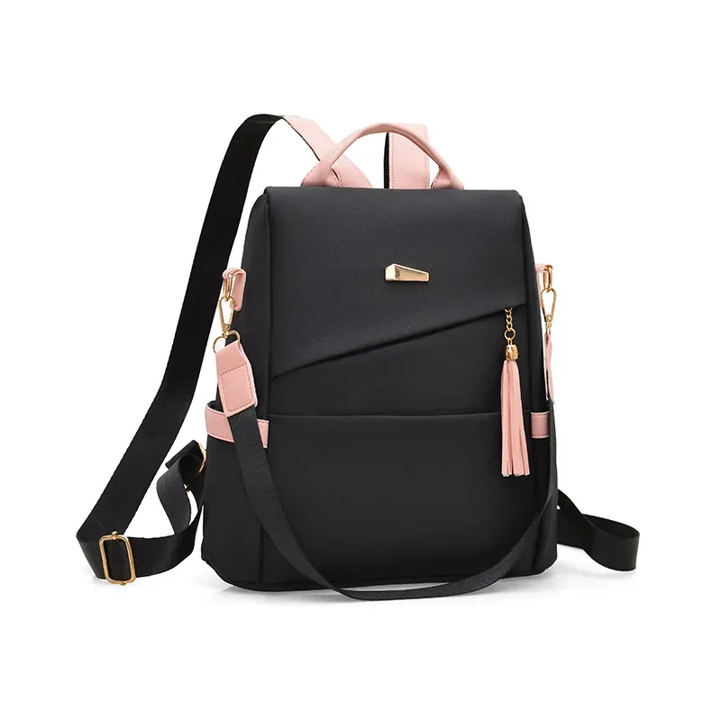 sac à dos à franges en pu, 1 pièce, noir et rose, grande capacité, sac de transport pour les trajets quotidiens