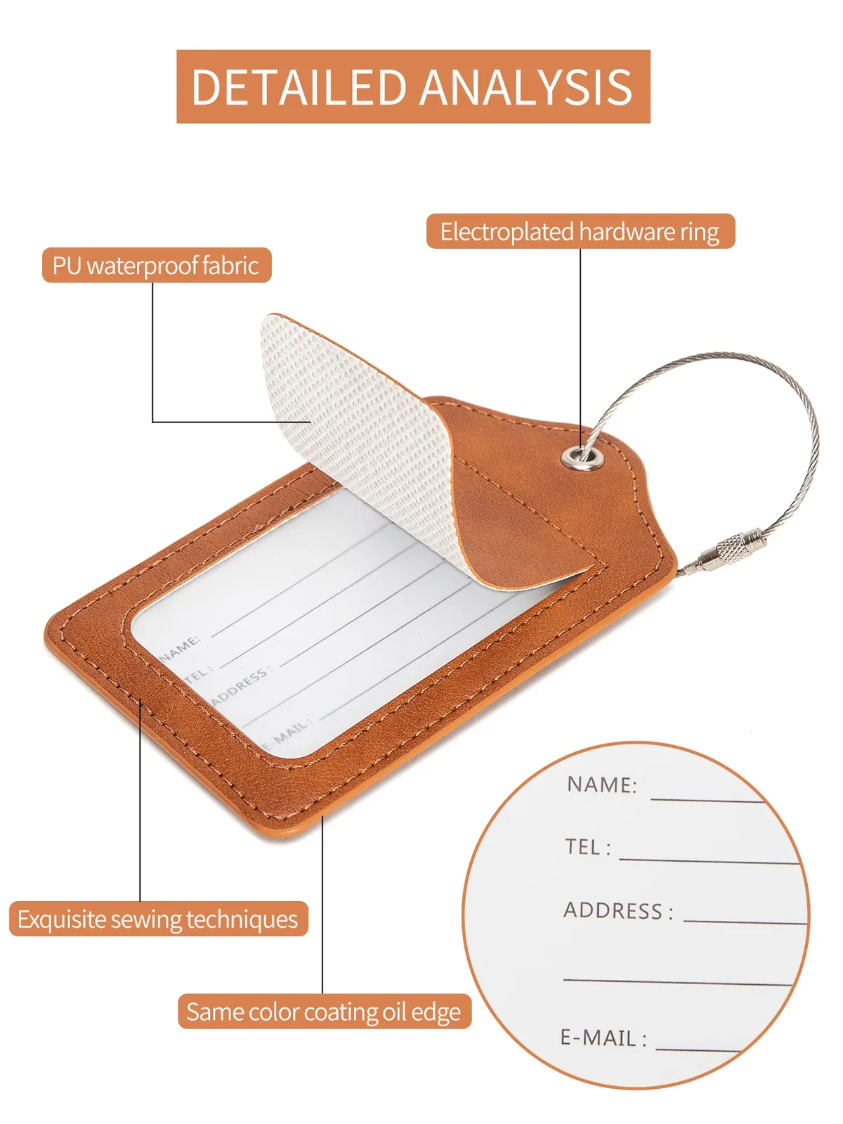 étiquette de bagage en cuir pu avec boucle de câble anti-perte et couvercle de protection de la vie privée intégré, adaptée aux bagages et sacs de voyage.