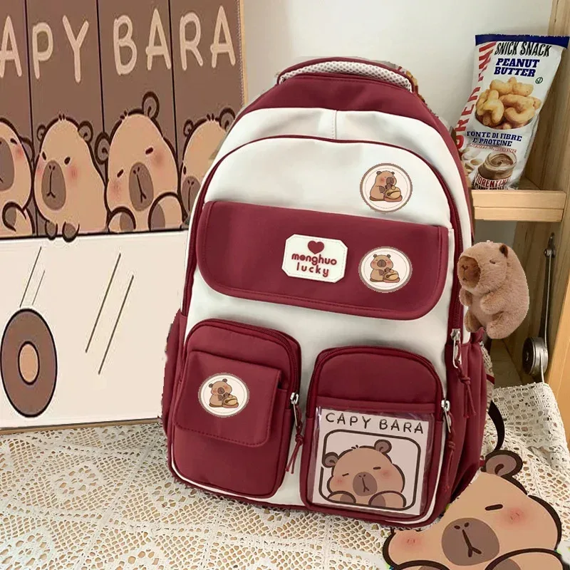 dessin animé capybara école sac à dos étudiant pochette d'ordinateur tissu imperméable sangle réglable sac de voyage décontracté avec plusieurs poches