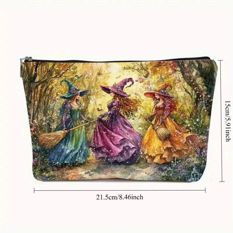 trousse de maquillage rétro en résine de sorcière, avec conception de forêt d'automne vibrante, fermeture éclair de sécurité, sac de voyage multifonctionnel