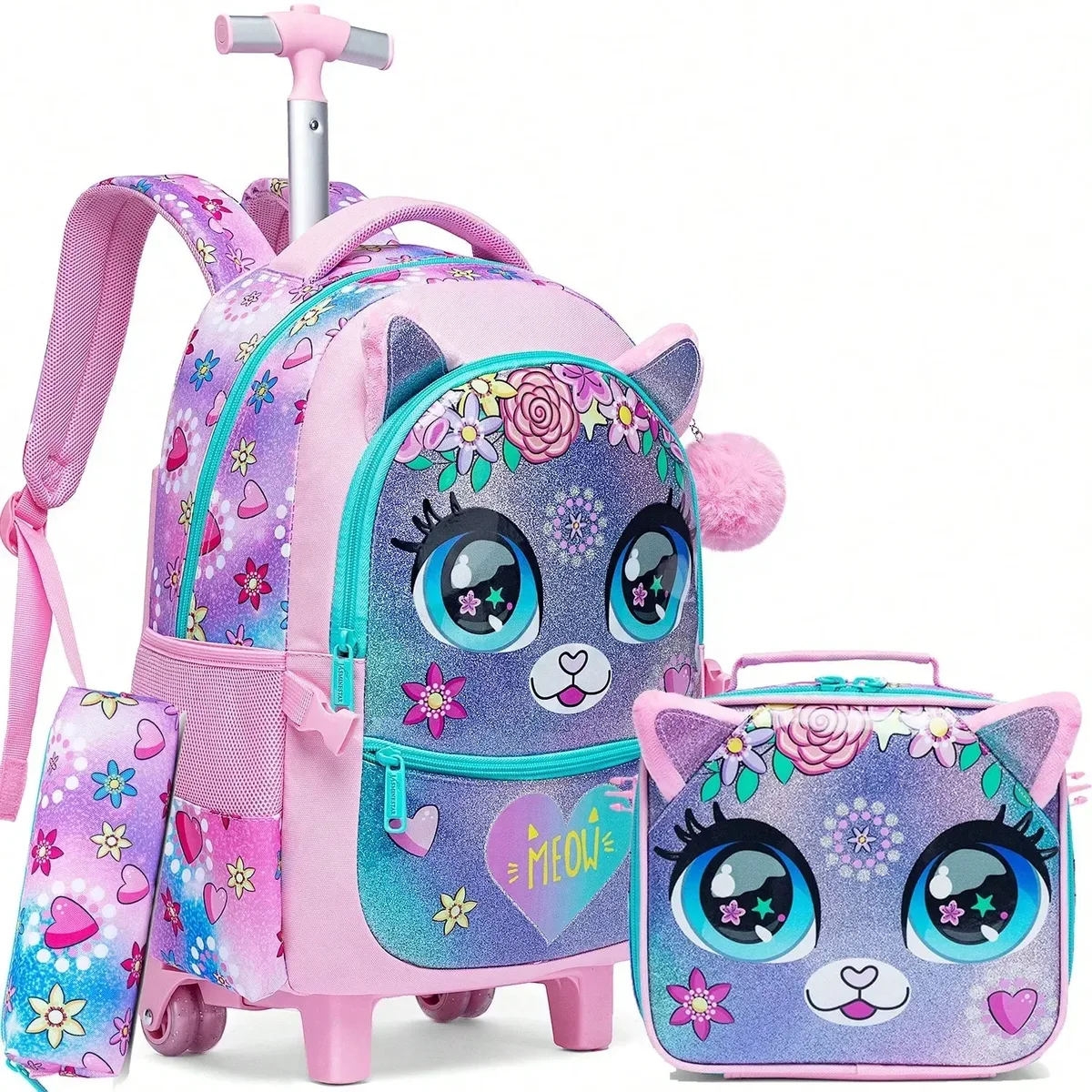 sac à dos roulant 3 pièces pour filles, avec roulettes pour élèves du primaire, sac à bagages à main 3 en 1, valise de voyage pour enfants