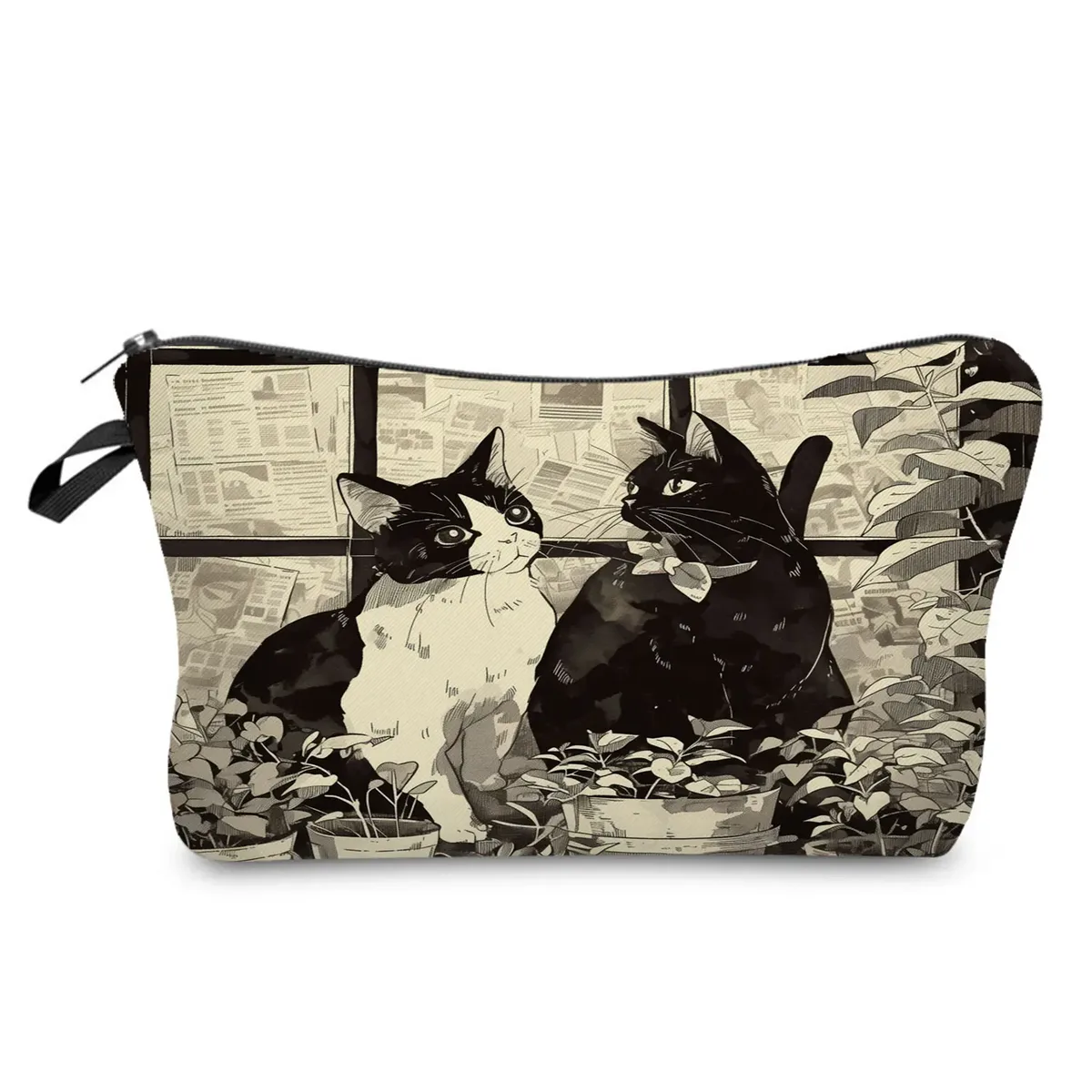 sacs de maquillage college chat noir pour femmes, sacs de rangement portables de voyage, impression d'animaux kawaii décontractés, sacs à cosmétiques double face avec fermeture éclair