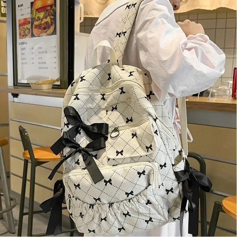 sac à dos scolaire en velours côtelé à nœud, style ins, imprimé nœud, polyvalent, grande capacité, pour étudiants et femmes