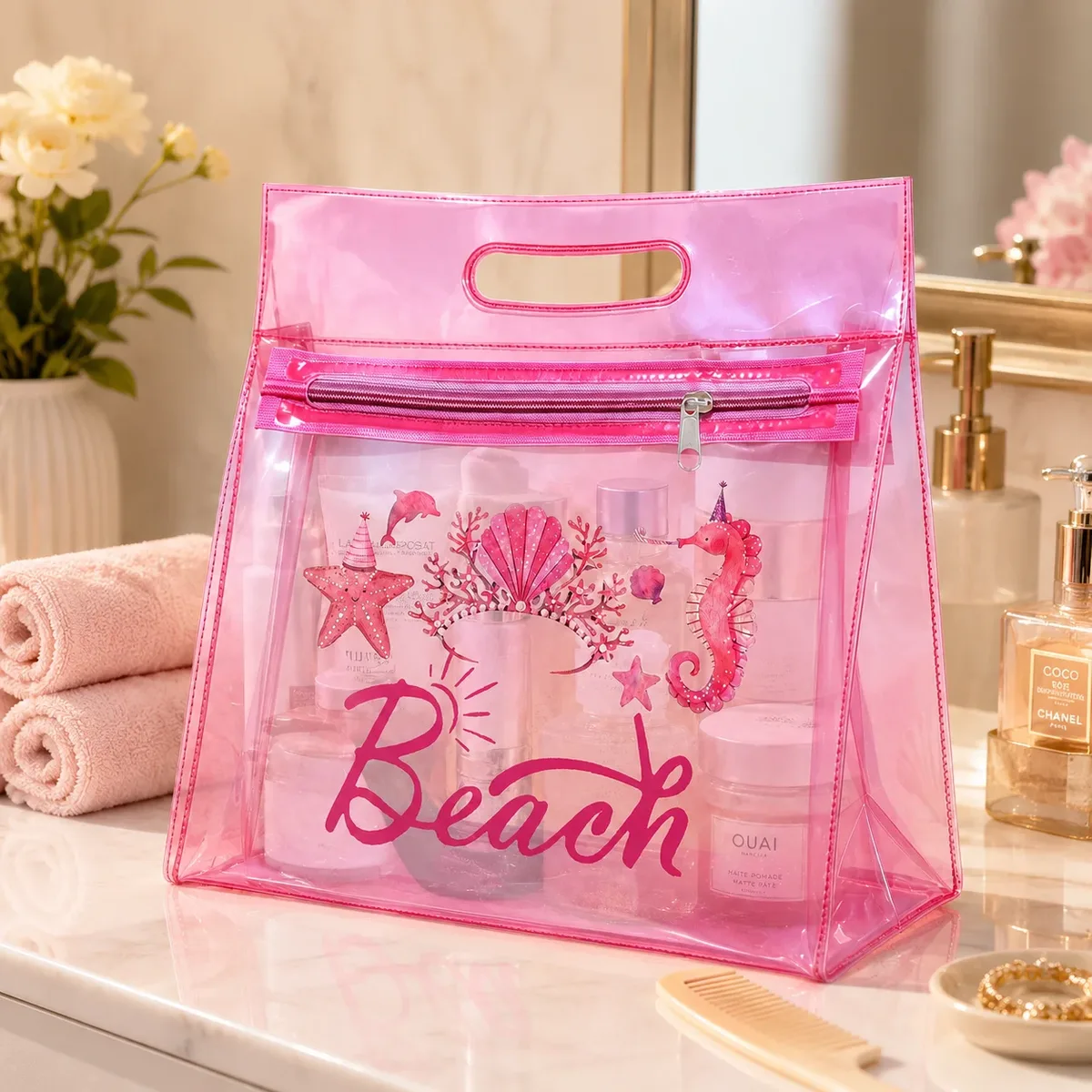 sac de plage en pvc transparent rose, organiseur de cosmétiques étanche avec fermeture éclair pour femmes, piscine, voyage, articles de toilette et été