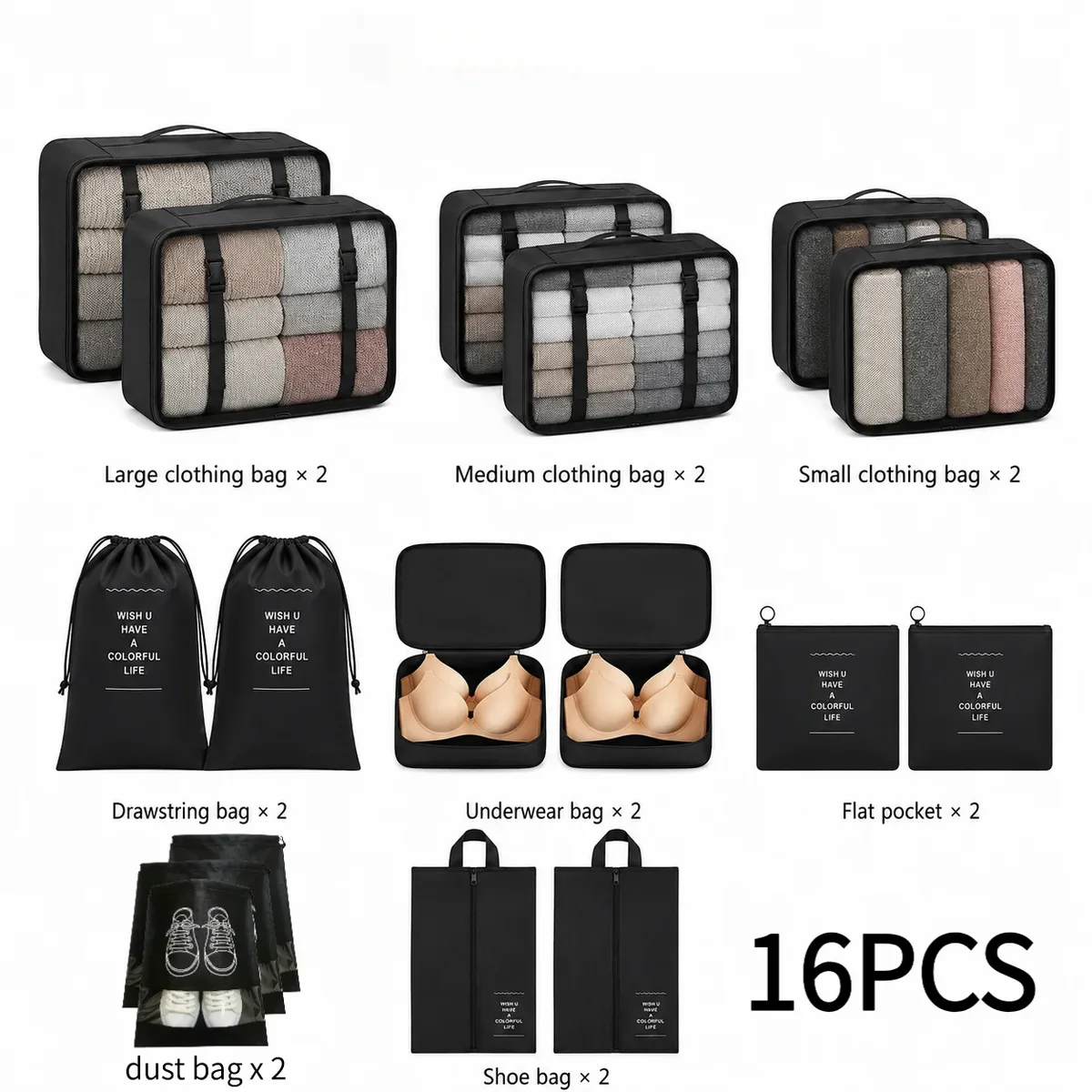 ensemble de 16 sacs de rangement de voyage, sac de voyage léger, utilisé pour la classification des bagages et des vêtements, sac de protection pour vêtements