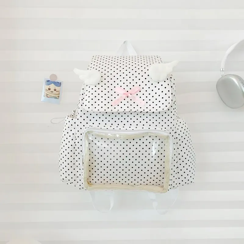 sac à dos mignon à pois, aile d'ange, nœud rose, poche transparente, sac à dos de grande capacité, sac de trajet sweet lolita pour femmes
