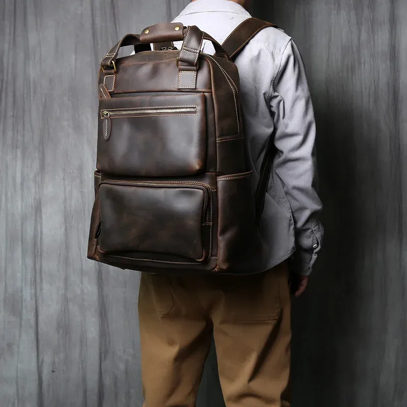 sac à dos rétro en cuir pour hommes, couche supérieure en cuir, grande capacité, sac d'ordinateur, crazy horse, loisirs, voyage, nzpj