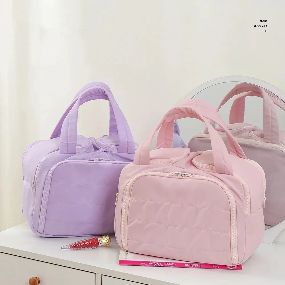 grande trousse de maquillage de voyage 180 °   organisateur de toilette à large ouverture, trousse à cosmétiques rembourrée résistante à l'eau avec poignée pour bouteilles pleines grand format