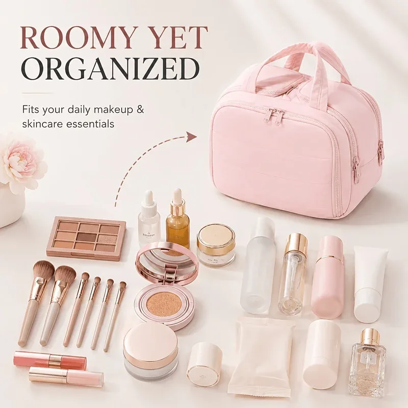 sac de maquillage de voyage grande capacité, organisateur de cosmétiques avec poignée, sac de rangement multi-compartiments pour articles de toilette pour femmes
