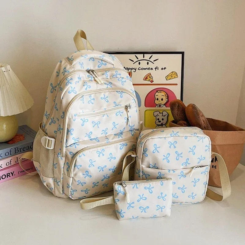 3 pièces/ensemble mode coréenne nœud imprimé femmes mode sac à dos léger simple étudiant sac d'école sangle réglable voyage sac à dos