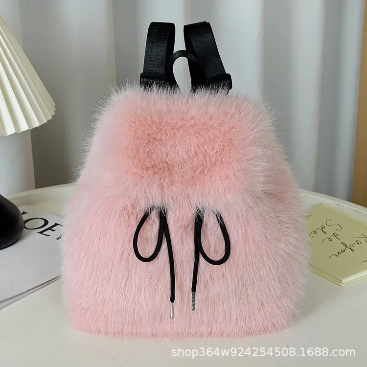 y2k sac à dos en peluche femmes petit mignon cordon léopard moelleux sac solide doux polaire sac à dos hiver chaud fausse fourrure mini sac à dos