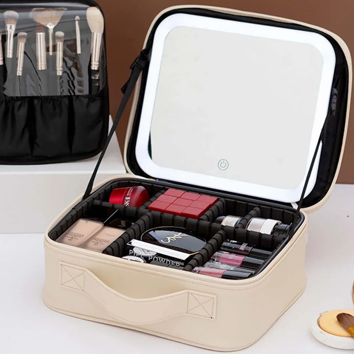 trousse de maquillage de voyage à lumière led avec miroir, grande capacité, sac de rangement avancé, étui de rangement portable, serrure à combinaison