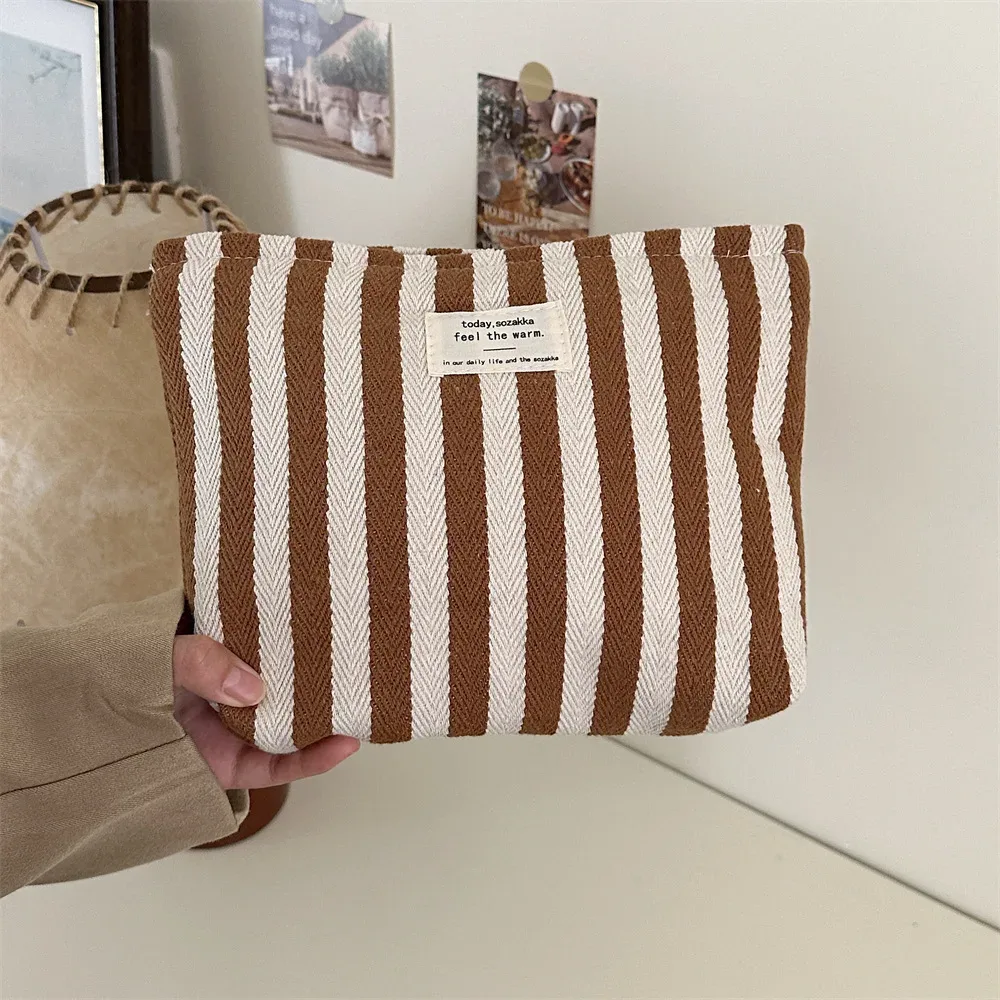 sac à cosmétiques à rayures, organisateur de voyage en toile portable pour dames, petit étui de maquillage de rangement