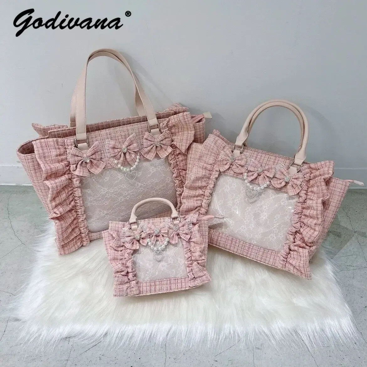 Sac à main en dentelle à volants pour femmes et filles, sacoche de style japonais, fourre-tout carré avec nœud papillon en perles, sacs à main portables initiés