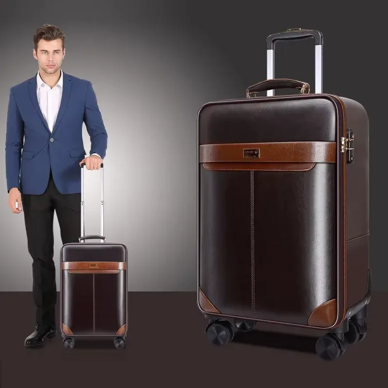 premium ensemble de bagages roulants en cuir spinner 24 pouces rétro hommes valises à roulettes d'affaires 20 