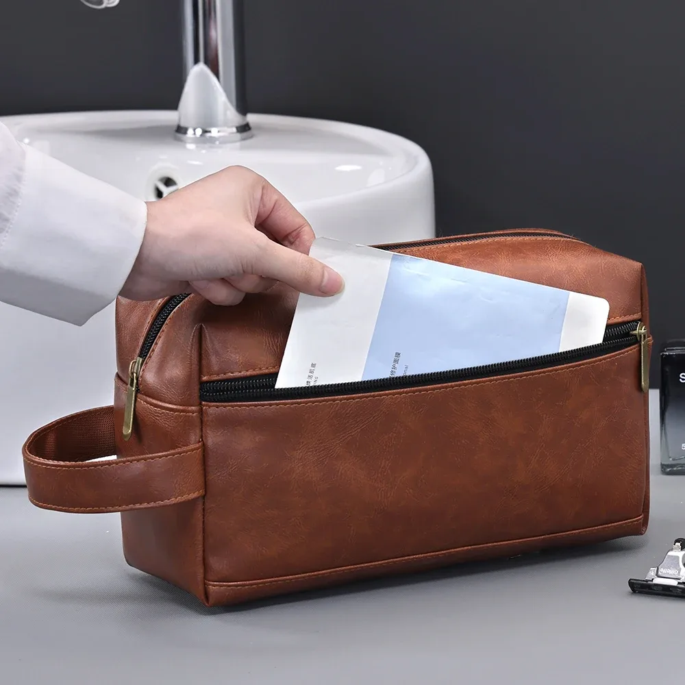 sac à cosmétiques en cuir pour hommes, voyage d'affaires, rasage, trousse de toilette portable, organisateur de grande capacité, sac de lavage à main