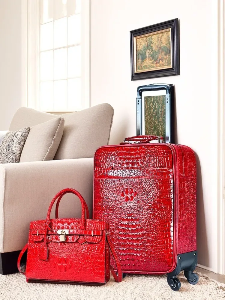 Valise de luxe en cuir gaufré de crocodile de 20 pouces – Bagage à main en cuir de vache de qualité supérieure avec ensemble de sacs à main pour voyage