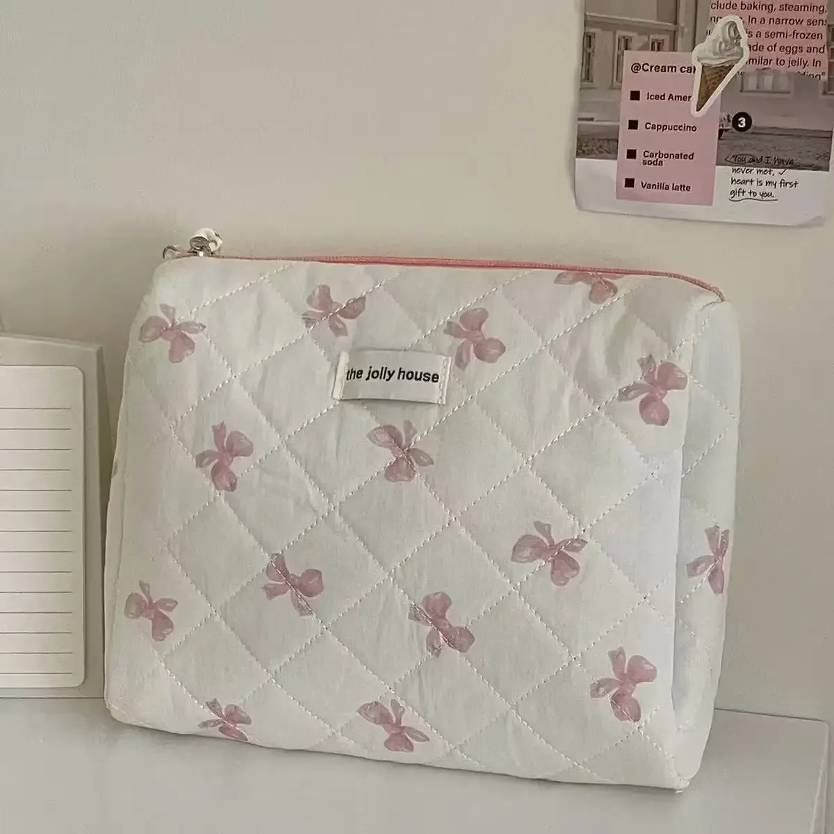 trousse de maquillage grande capacité avec imprimé nœud, sac de rangement pour cosmétiques et articles divers, organiseur de voyage pour articles de toilette, pochette neceser, trousse à maquillage