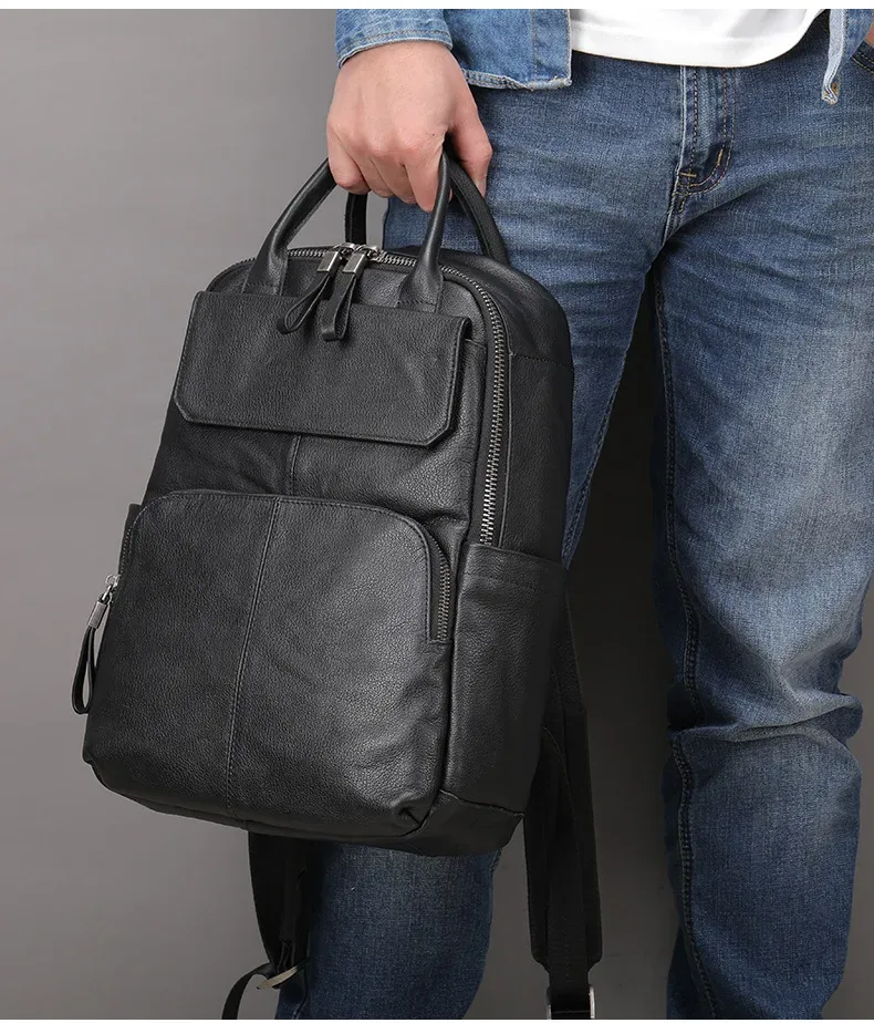 sac à dos en cuir de vachette naturel pour homme, sac à main simple, grand sac d'affaires décontracté, sac d'ordinateur pour ordinateur portable de 15.6 pouces, 150